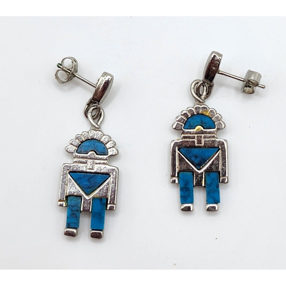 Roma Kachina Doll Drop Earrings Womens 1.5" Silver Blue Inlay Southwestern Style